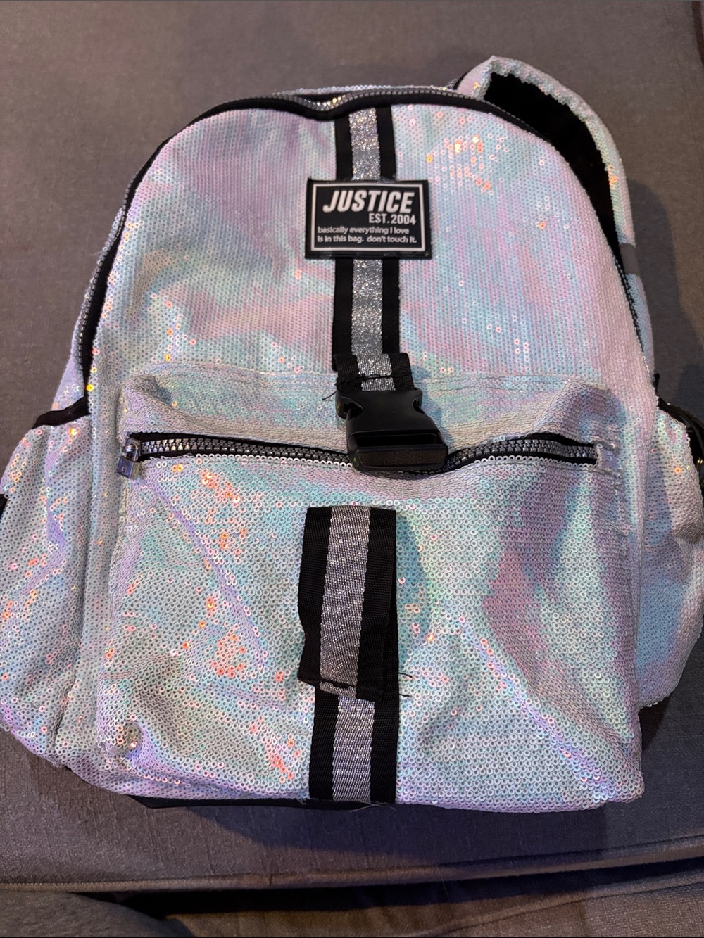 Justice Iridescent & Black Sequin Kids Backpack with lunch box and pouch Set - Picture 9 of 15
